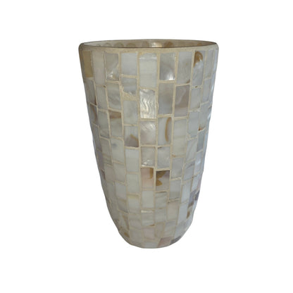 Vintage Mother of Pearl Mosaic Overlay Glass Vase | 5" x 8" Tall | White Iridescent Accent