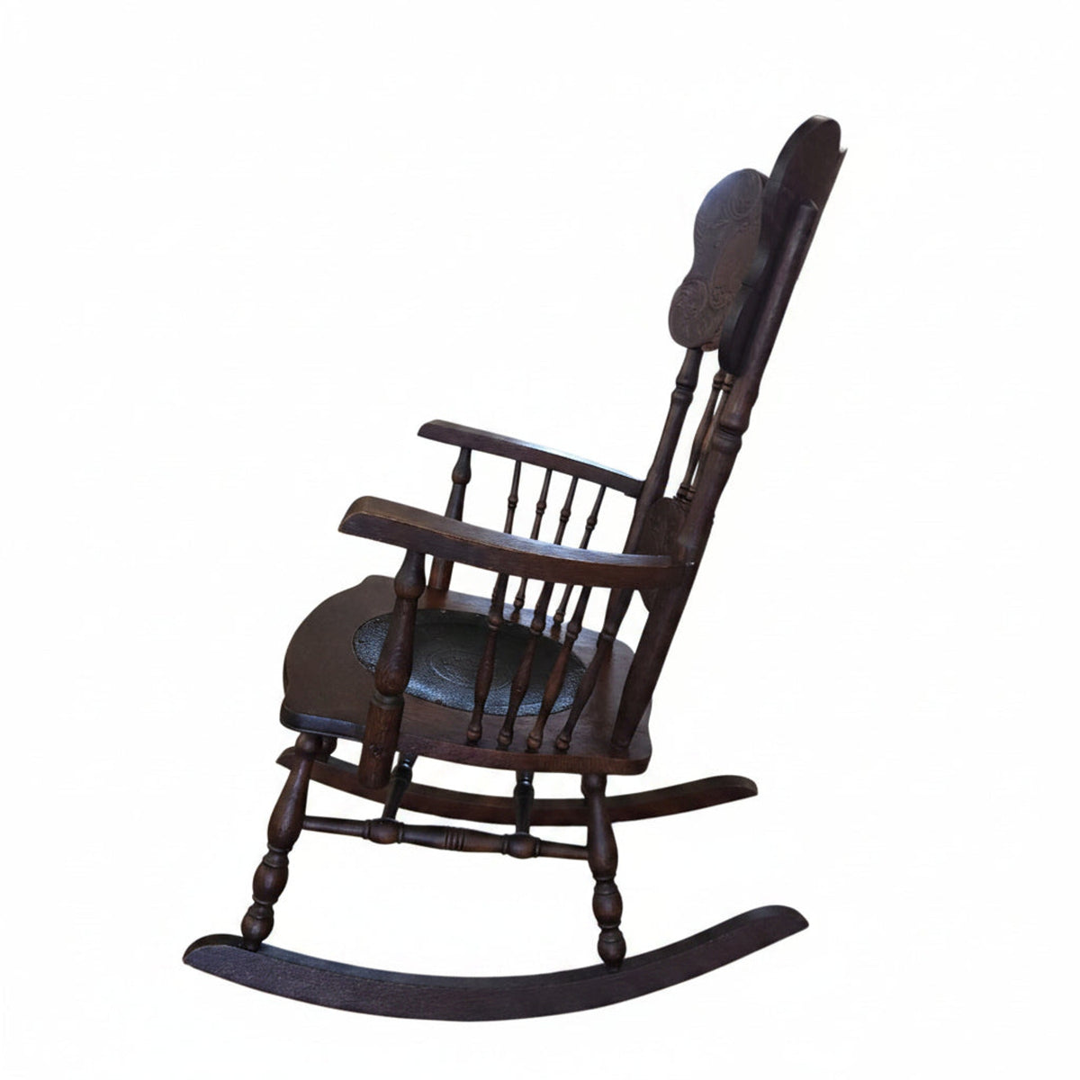 Antique Spaulding Fibre Victorian Rocking Chair | Wood & Leather | 24.5" x 40"