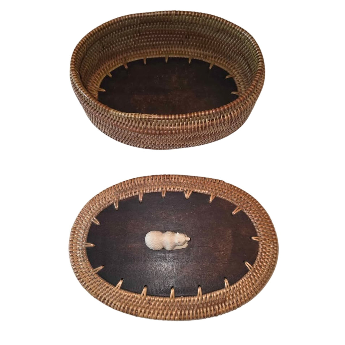Vintage Handwoven Basket with Leather Lid & Carved Bear Detail