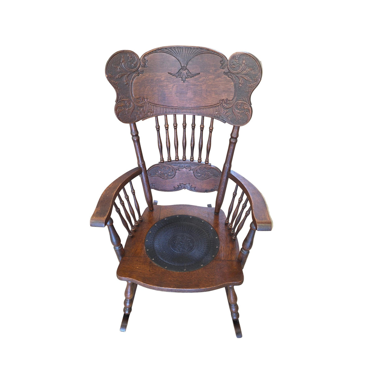 Antique Spaulding Fibre Victorian Rocking Chair | Wood & Leather | 24.5" x 40"
