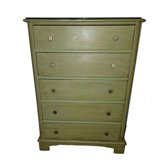 Vintage Solid Wood Chest of Drawers | Olive Green Stain | 35" x 51" | Boho & Farmhouse