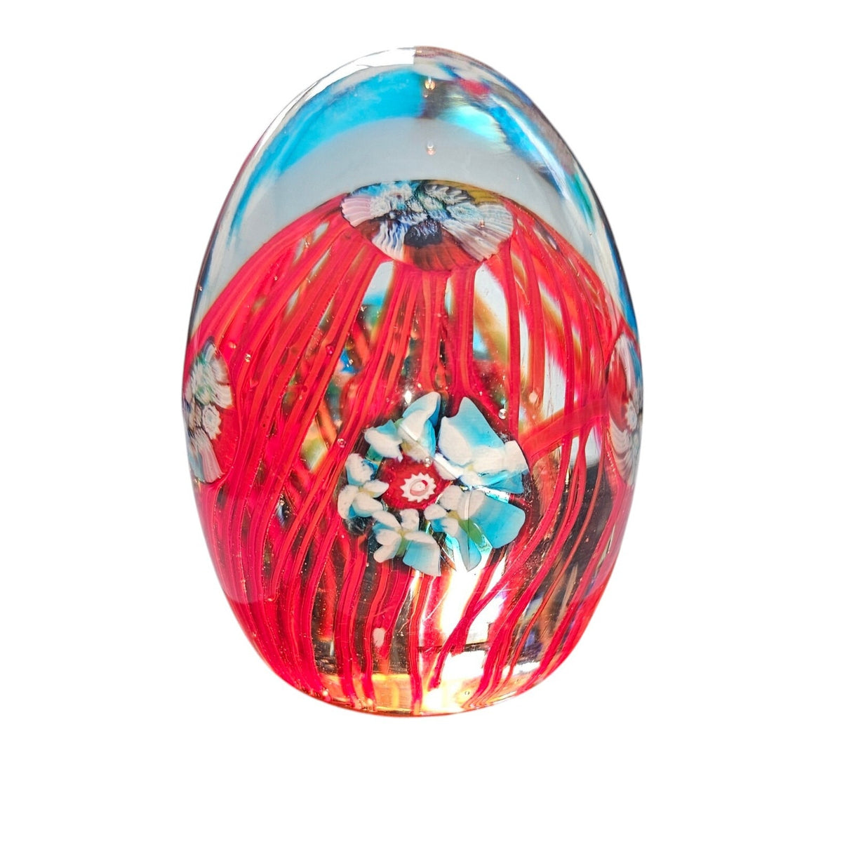 Set of 3 Glass Controlled Bubble Paperweights | Reds & Blues | Lighted Wooden Stand Included