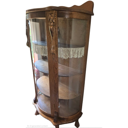 Antique Oak Curio Cabinet | Carved Lion's Head & Claw Feet | Curved Glass | 34.5" x 61.5"