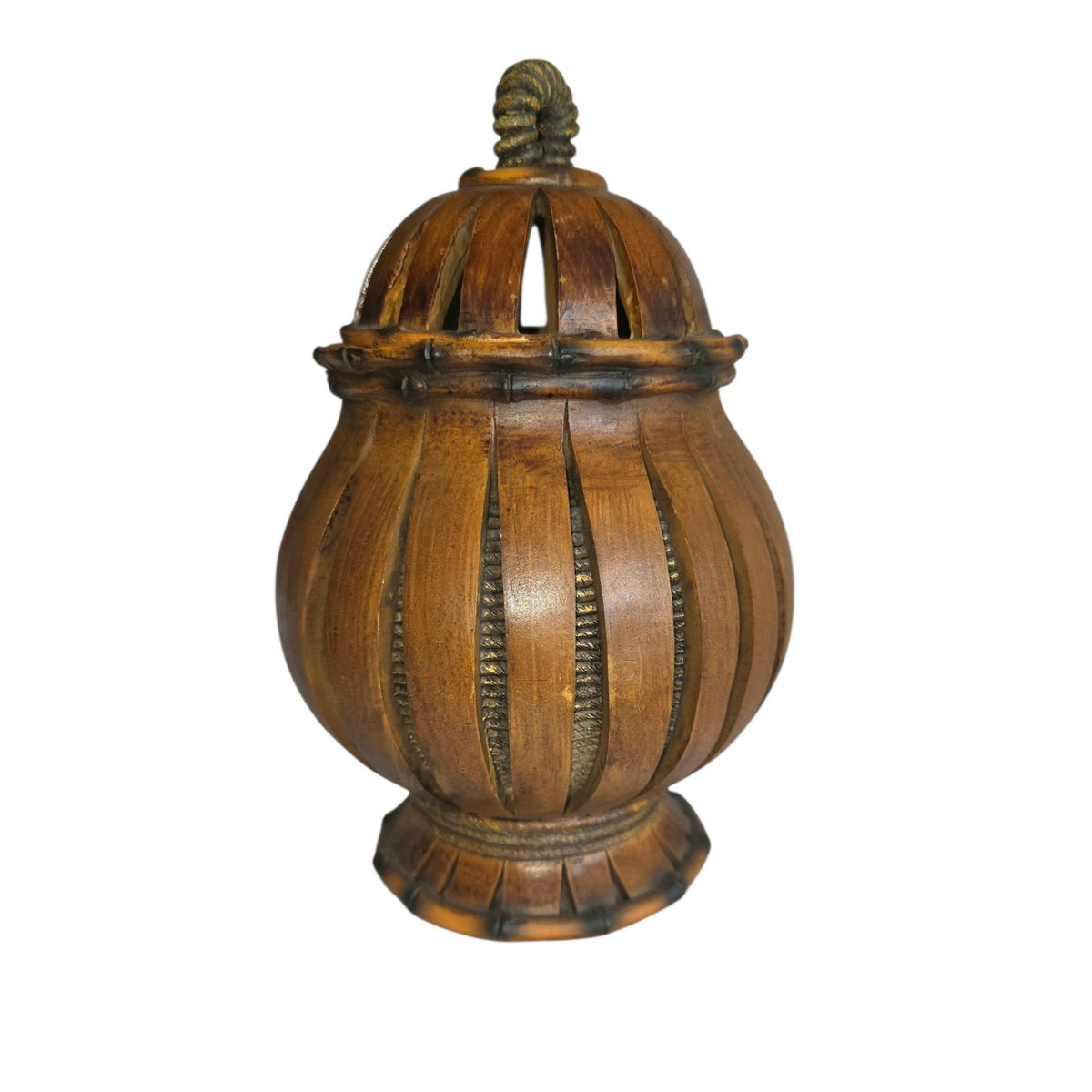 Wood-Look Resin Footed Trinket Jar with Lid | 5.5" x 9" Tall | Decorative Storage Accent