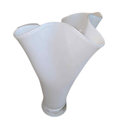 Orrefors-Style Handkerchief Ruffle Rim White Vase | 12.5" Scandinavian