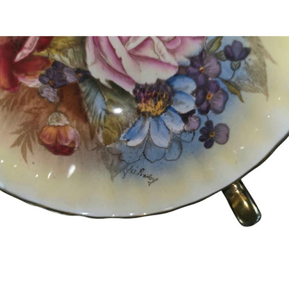 Aynsley Teacup | Signed J.A. Bailey | Hand-Painted Cabbage Rose | Teal & Gold