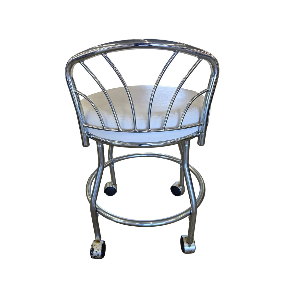 Faux Leather & Polished Chrome Vanity Chair | Rolling | 17" x 27" | Glam Bedroom & Makeup
