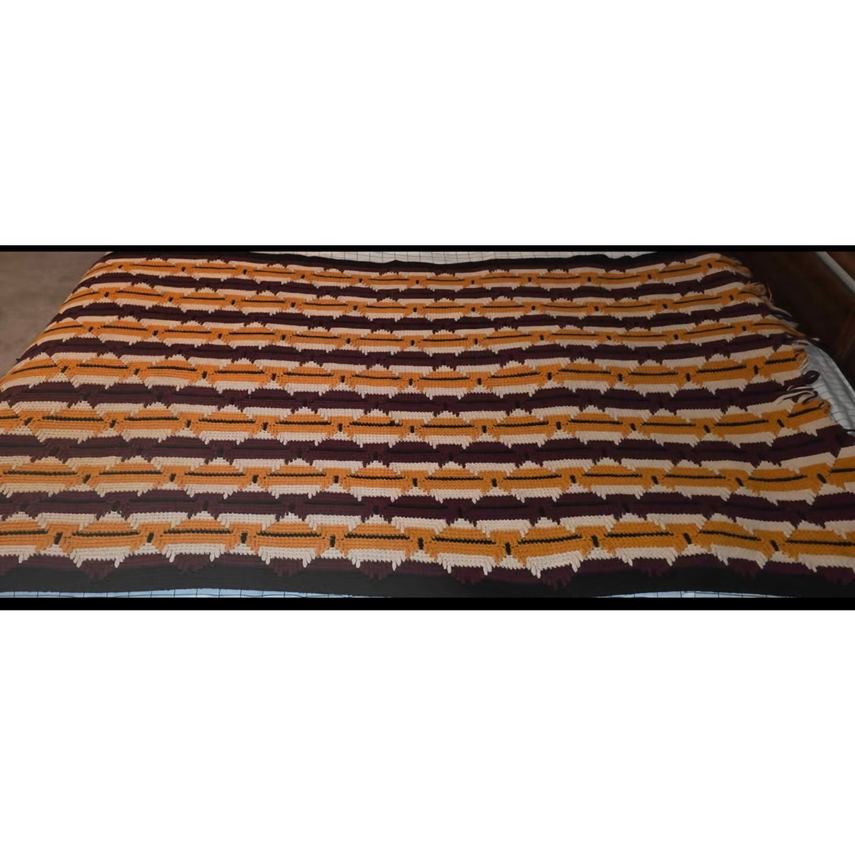 Vintage Hand-Crocheted Goldenrod & Brown Chevron Afghan | 83" x 48" | Boho Throw Blanket