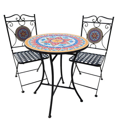 Delightful Black Metal Bistro Table & Chair Set with Colorful Mosaic Tile Accents