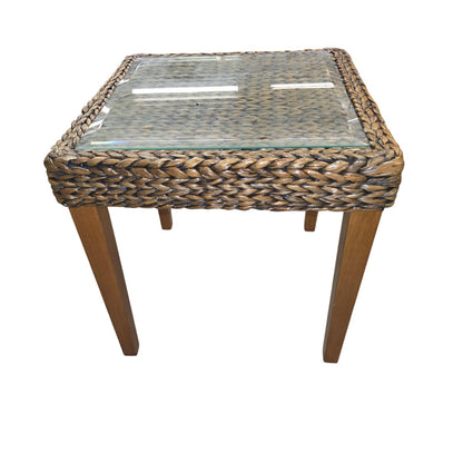 Seagrass Woven End Table with Glass Top | 20" Coastal Accent