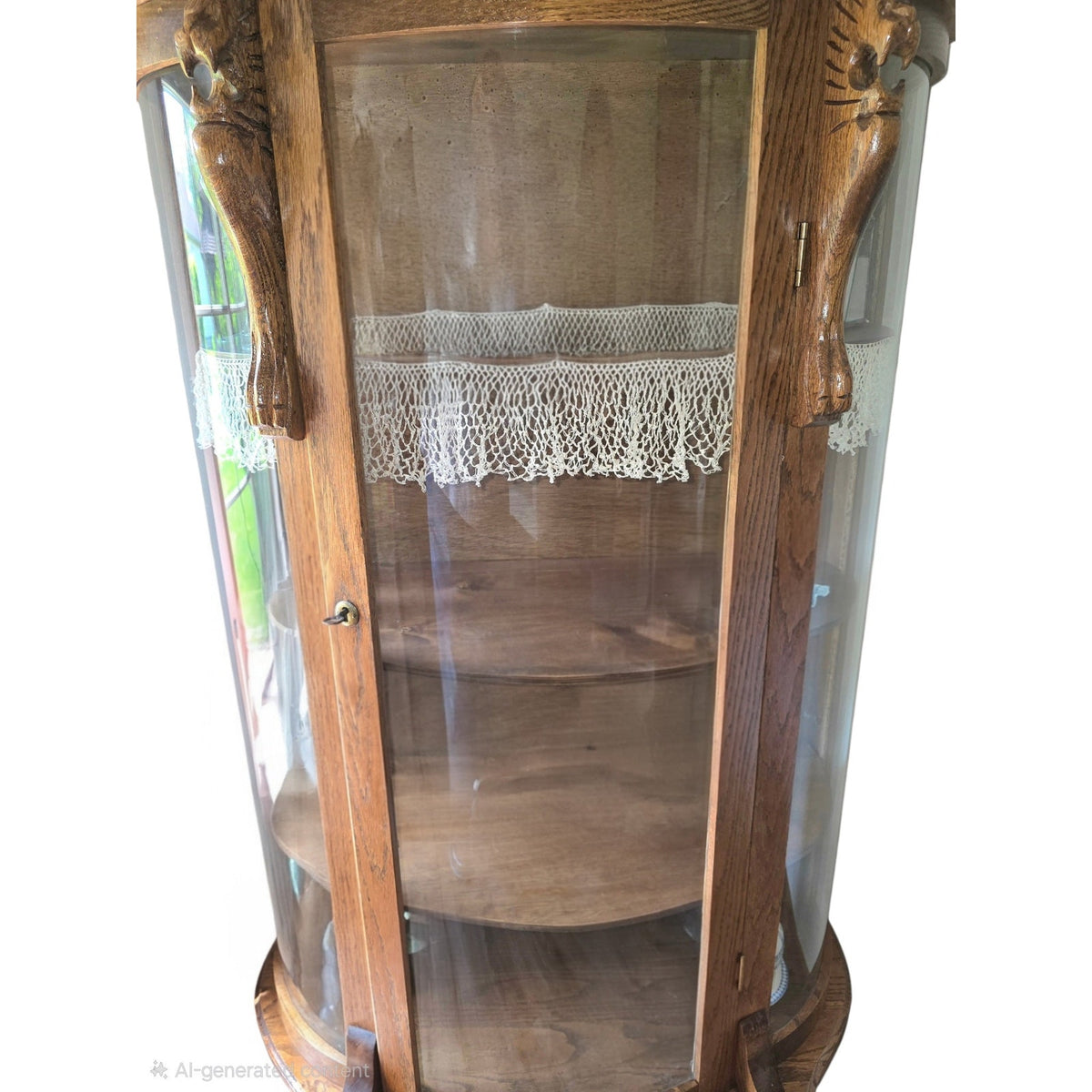 Antique Oak Curio Cabinet | Carved Lion's Head & Claw Feet | Curved Glass | 34.5" x 61.5"