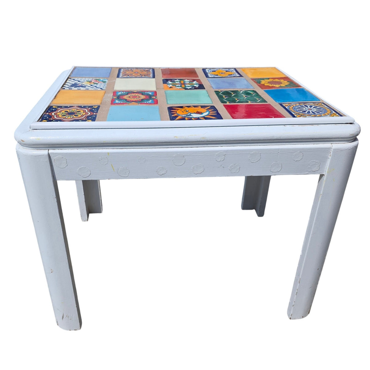 Whimsical White Wood Accent Table with Colorful Mosaic Tile Top