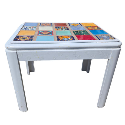 Whimsical White Wood Accent Table with Colorful Mosaic Tile Top