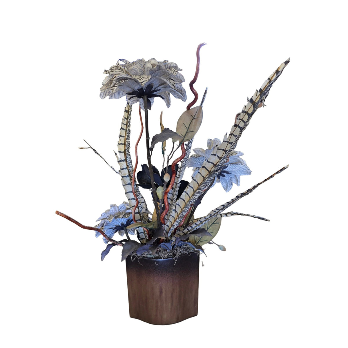 Contemporary Black & Brown Floral Arrangement in Copper Tone Vase | 8.5" | Ready to Display