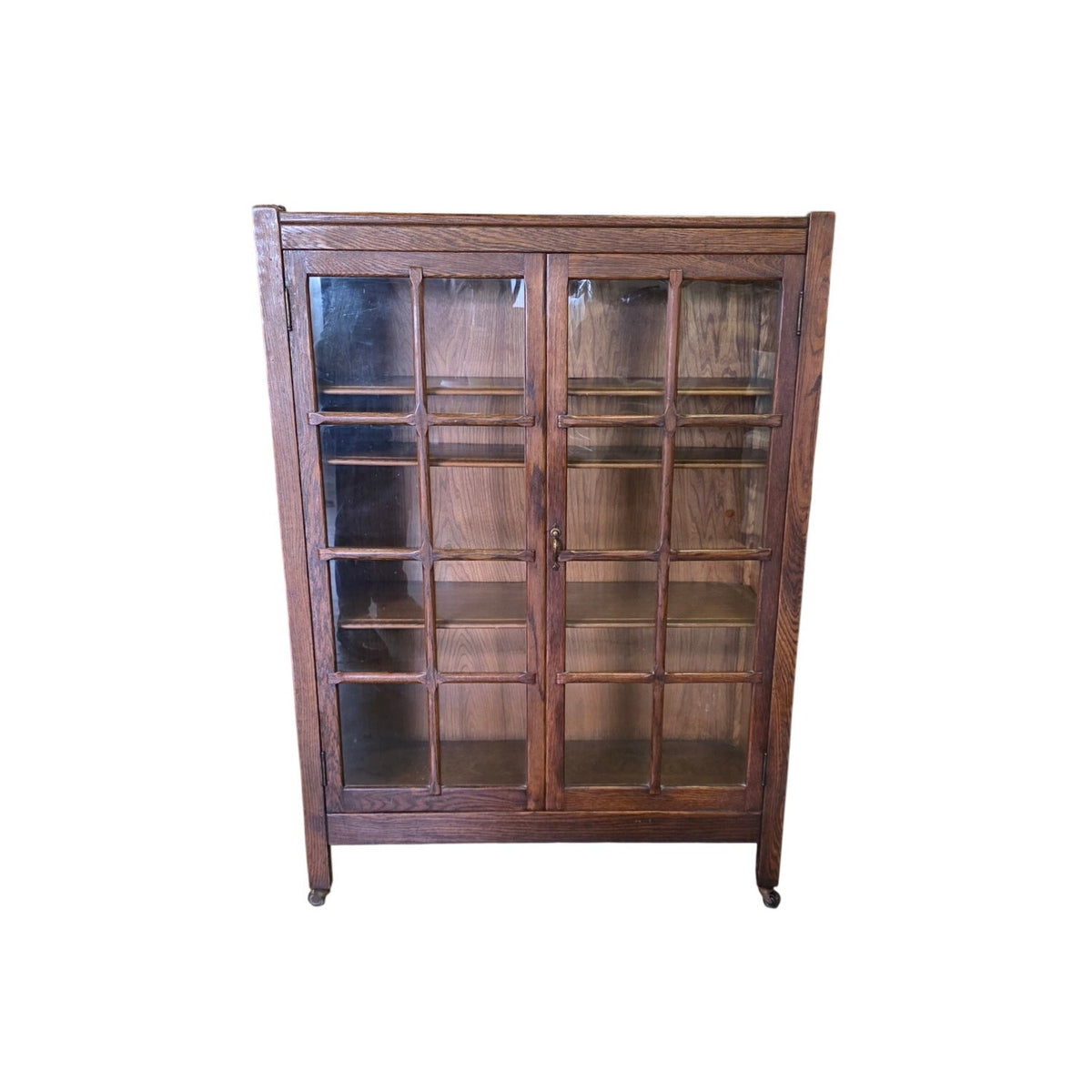 Antique Stickley Mission Style Solid Wood Book Shelf with Glass Doors