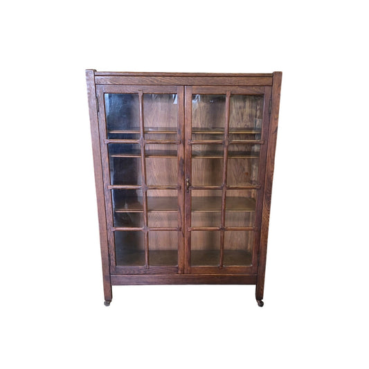 Antique Stickley Mission Style Solid Wood Book Shelf with Glass Doors