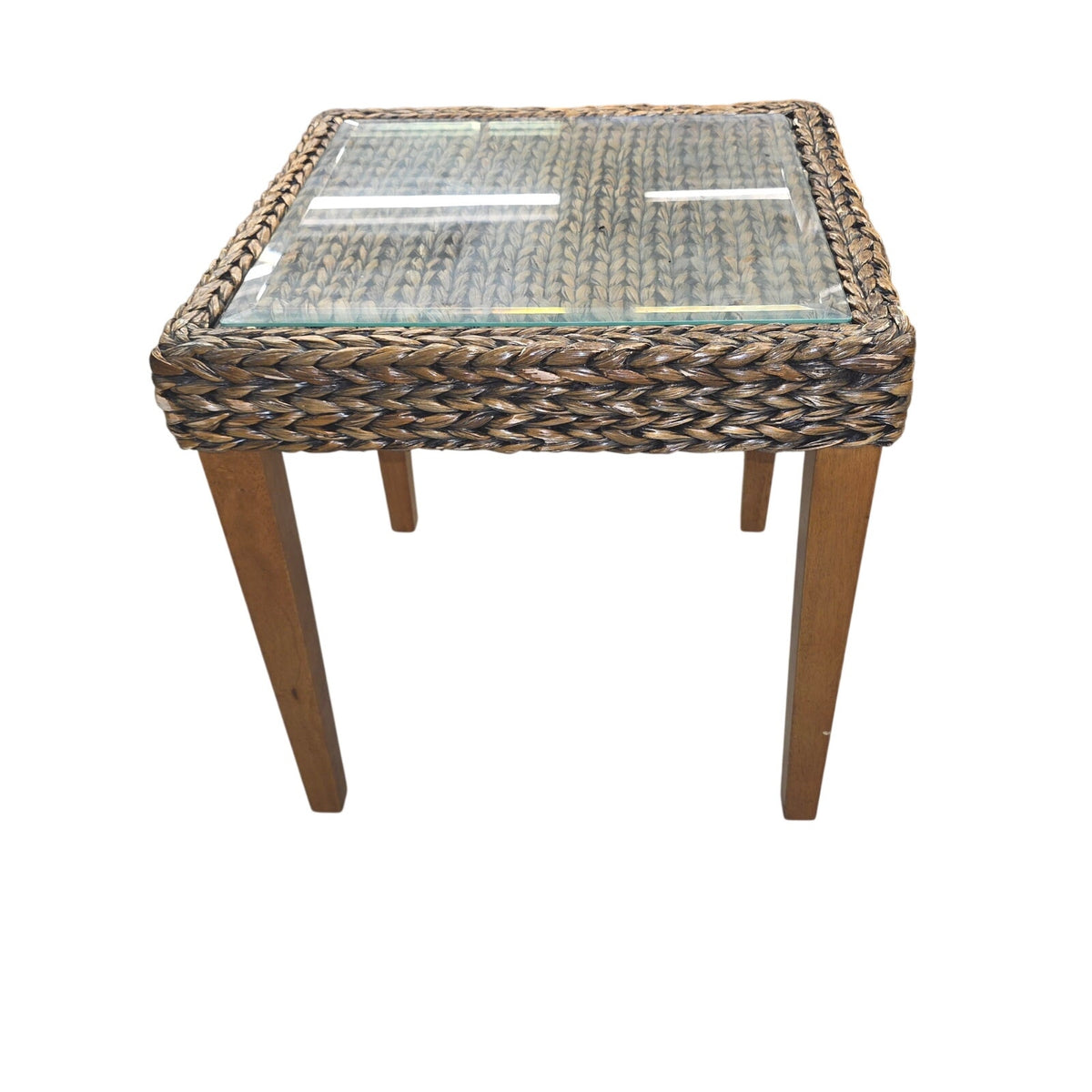 Seagrass Woven End Table with Glass Top | 20" Coastal Accent