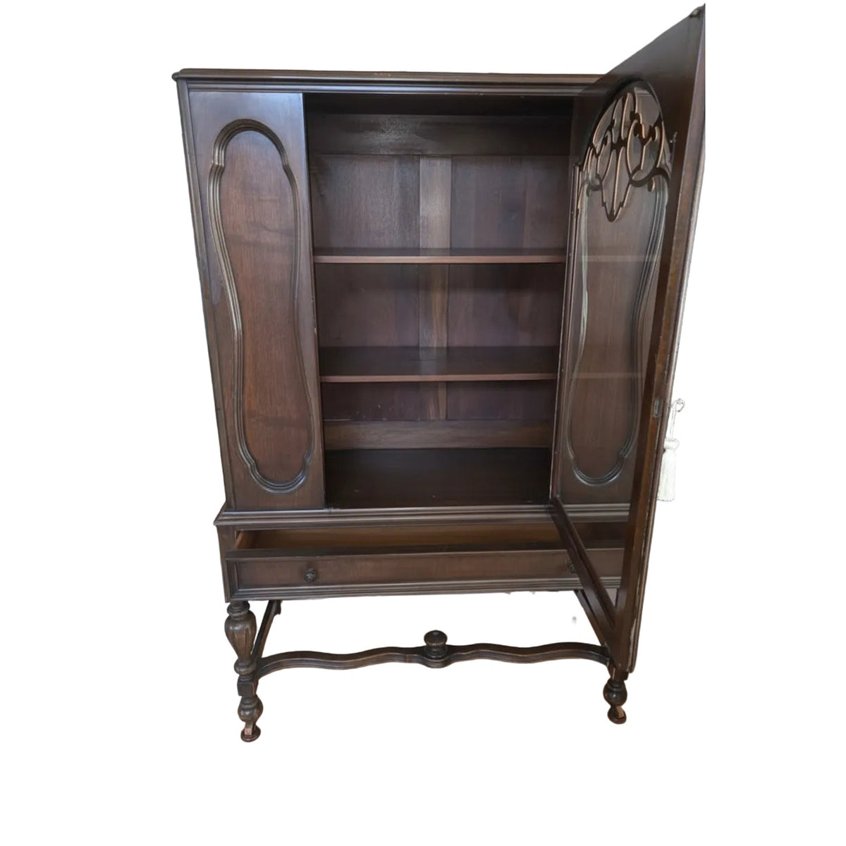 Antique Solid Wood & Glass-Front Display Cupboard | Turned Legs | 41.5" x 62.5"