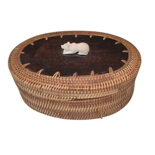 Vintage Handwoven Basket with Leather Lid & Carved Bear Detail