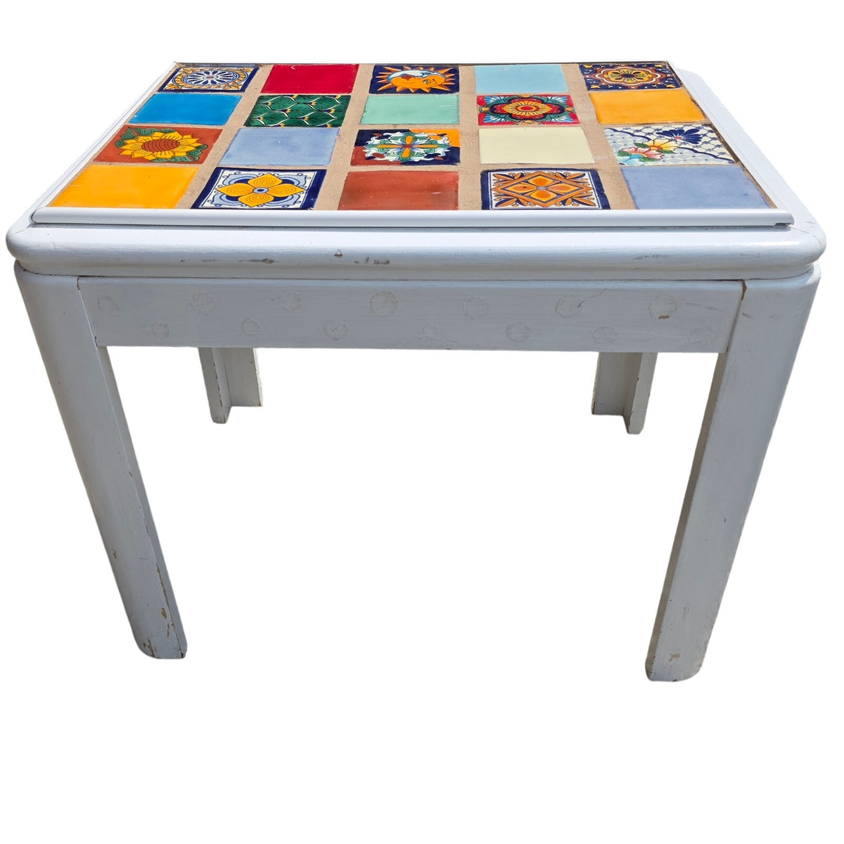 Whimsical White Wood Accent Table with Colorful Mosaic Tile Top