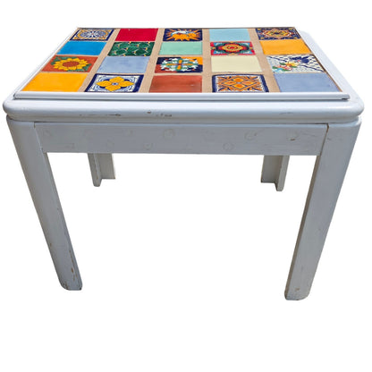 Whimsical White Wood Accent Table with Colorful Mosaic Tile Top