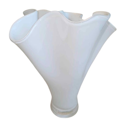 Orrefors-Style Handkerchief Ruffle Rim White Vase | 12.5" Scandinavian