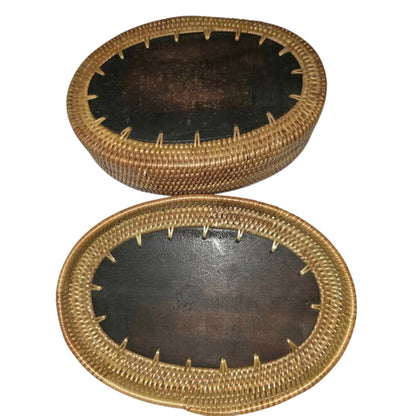 Vintage Handwoven Basket with Leather Lid & Carved Bear Detail