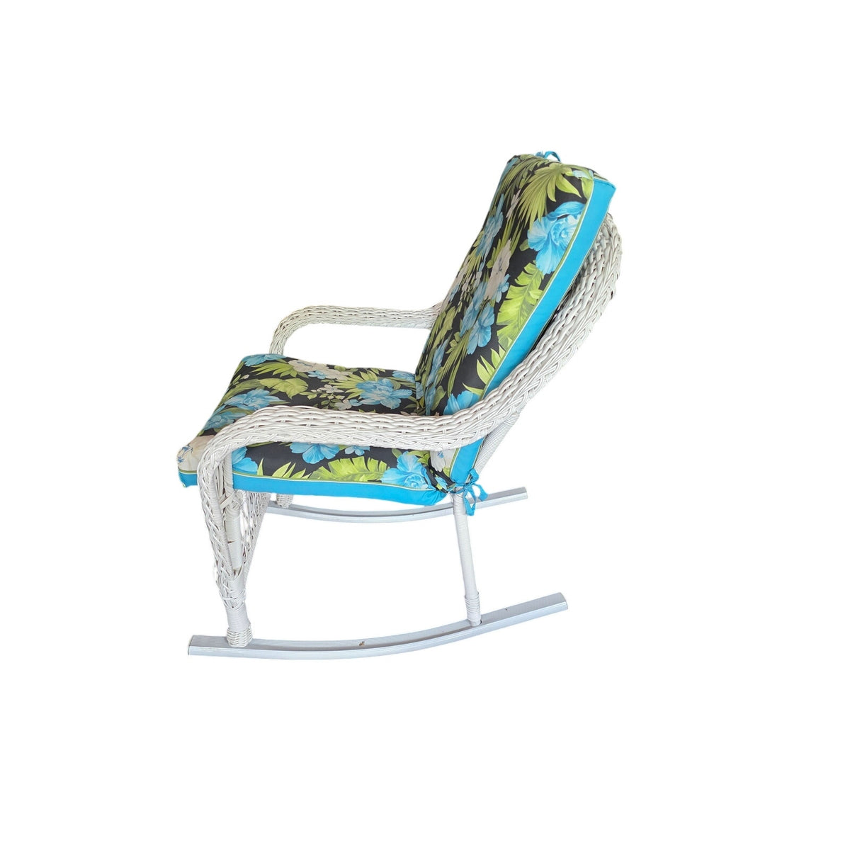 Vintage White Rattan Rocking Chair with Black Floral Cushion