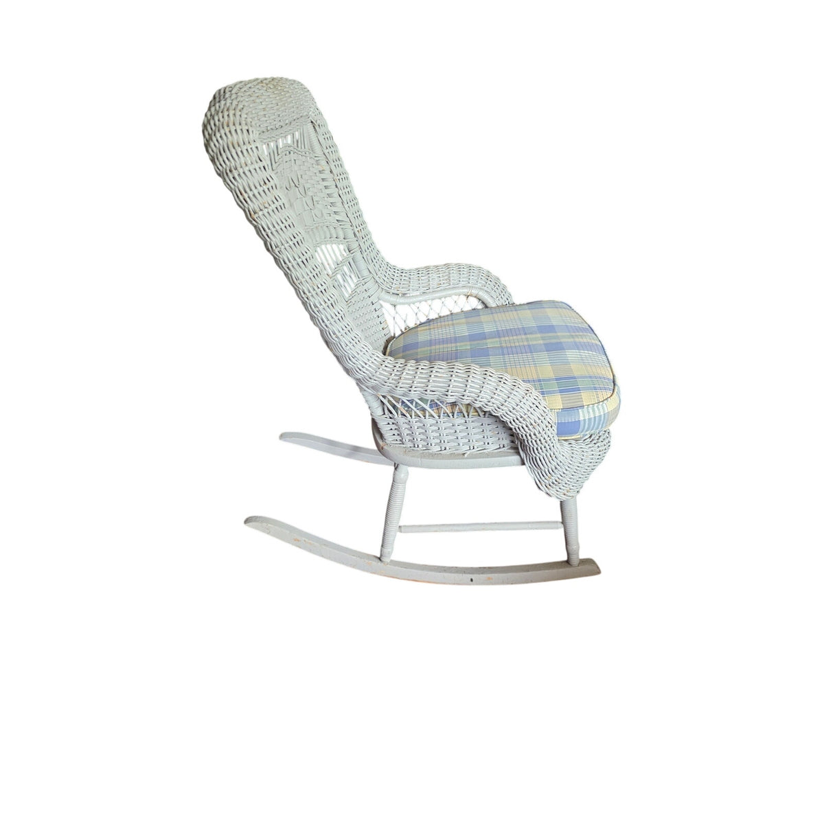 Vintage White Rattan Rocking Chair with Plaid Cushion