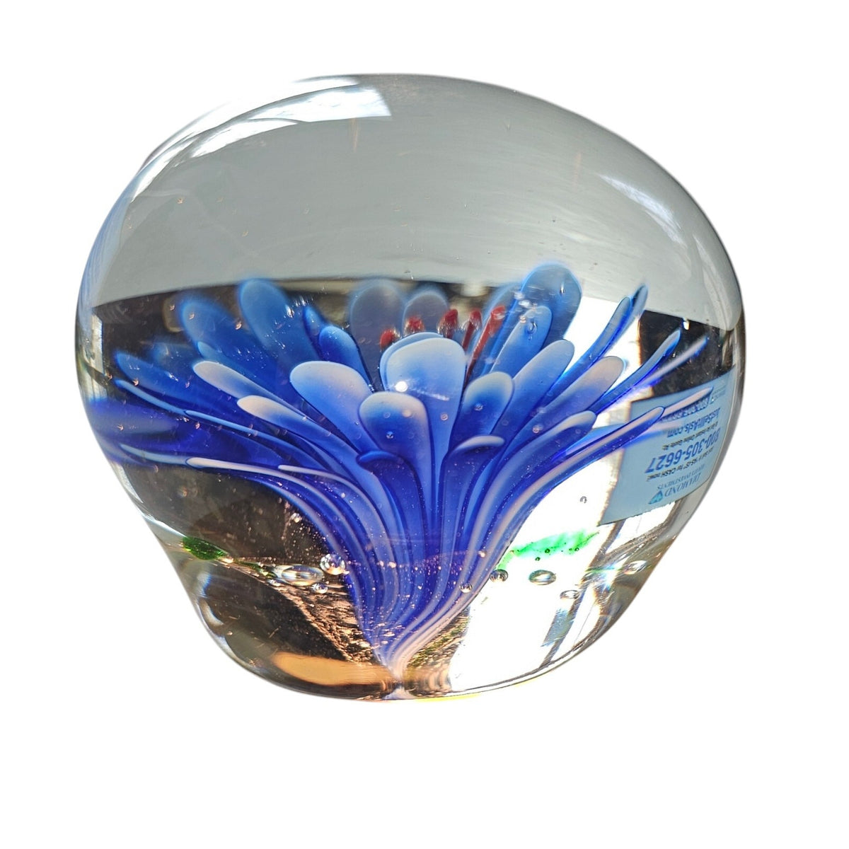 Set of 3 Glass Controlled Bubble Paperweights | Reds & Blues | Lighted Wooden Stand Included
