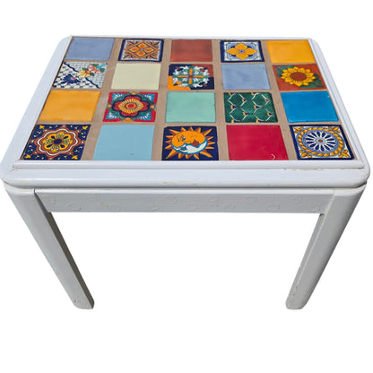 Whimsical White Wood Accent Table with Colorful Mosaic Tile Top
