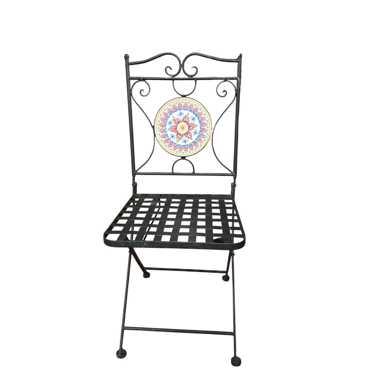Delightful Black Metal Bistro Table & Chair Set with Colorful Mosaic Tile Accents