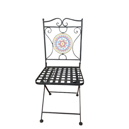 Delightful Black Metal Bistro Table & Chair Set with Colorful Mosaic Tile Accents