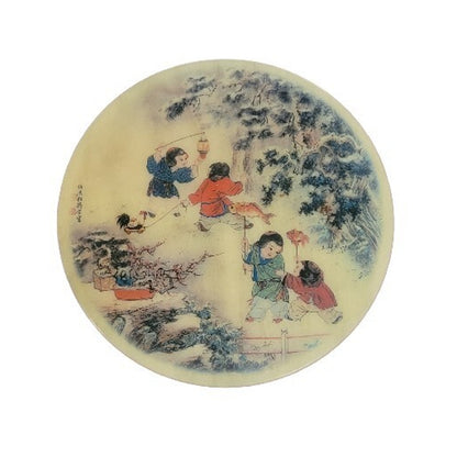 Vintage Chinese Hand-Painted Marble Disk | 8" | Children Playing in Garden | Asian Art Collectible