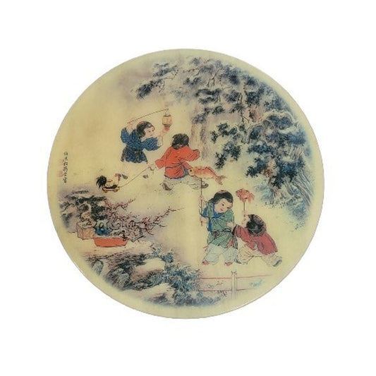 Vintage Chinese Hand-Painted Marble Disk | 8" | Children Playing in Garden | Asian Art Collectible