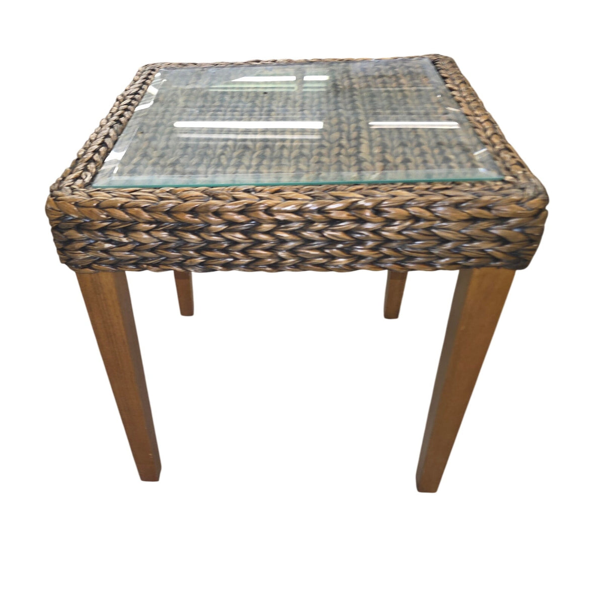 Seagrass Woven End Table with Glass Top | 20" Coastal Accent