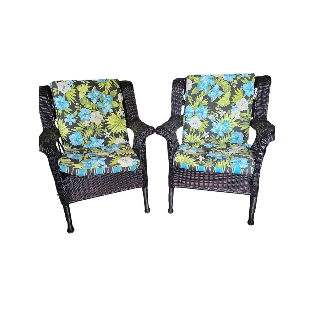 Black Rattan Patio Chairs with Floral Cushions | Set of 2