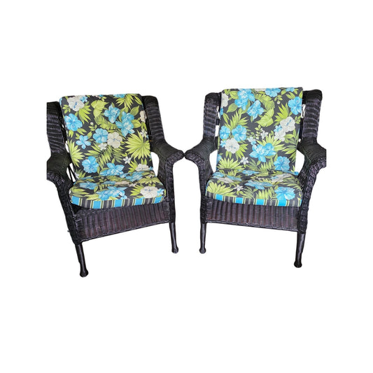 Black Rattan Patio Chairs with Floral Cushions | Set of 2
