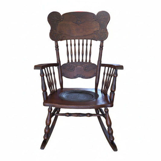Antique Spaulding Fibre Victorian Rocking Chair | Wood & Leather | 24.5" x 40"