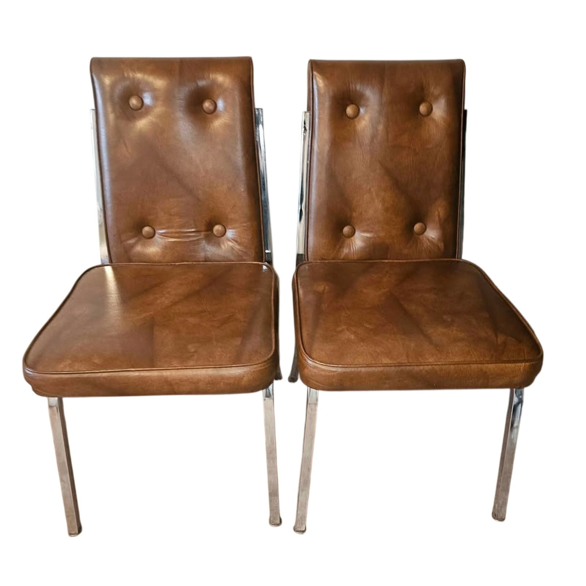 Set of 2 Vintage Stoneville MCM Button Back Brown Faux Leather Dining Chairs