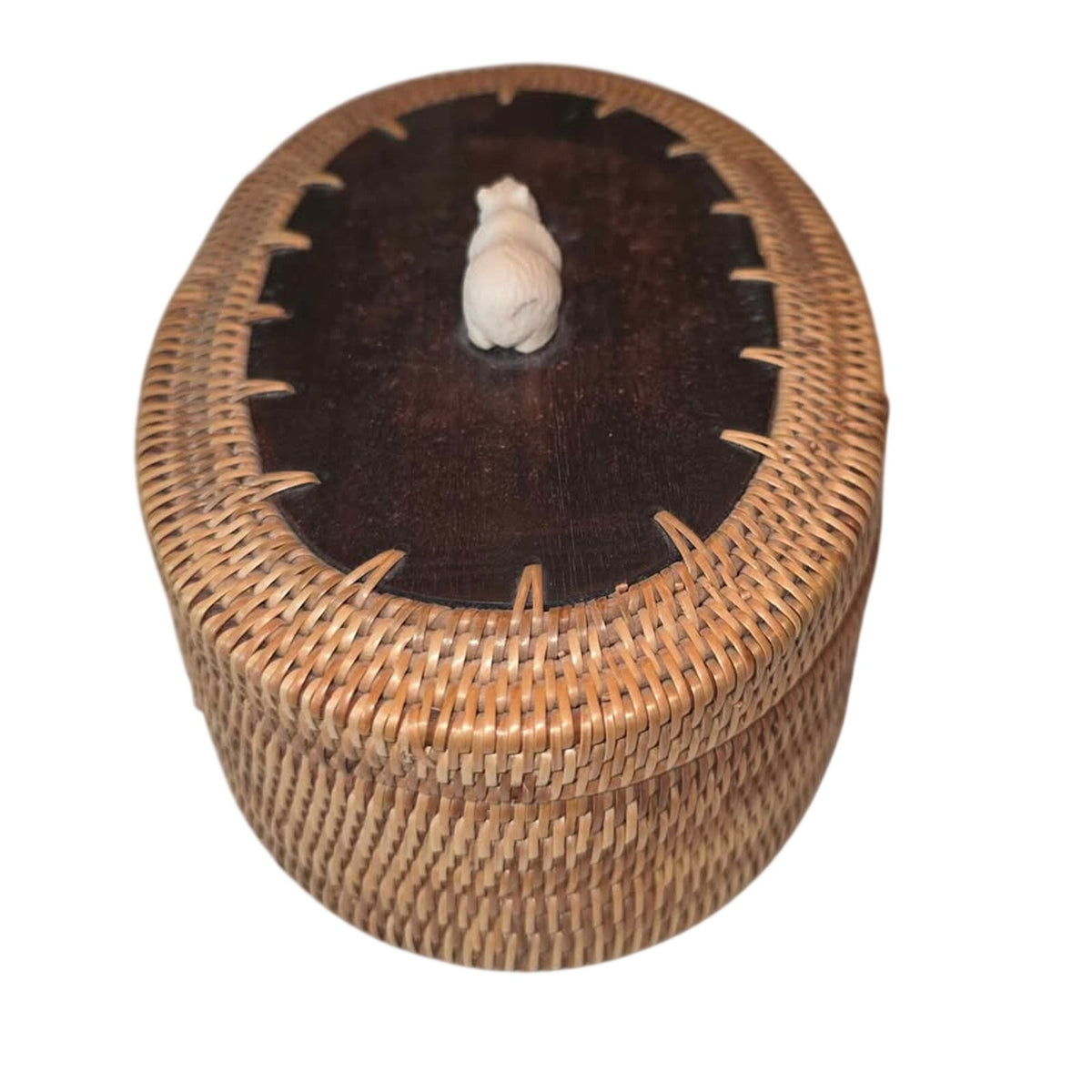 Vintage Handwoven Basket with Leather Lid & Carved Bear Detail