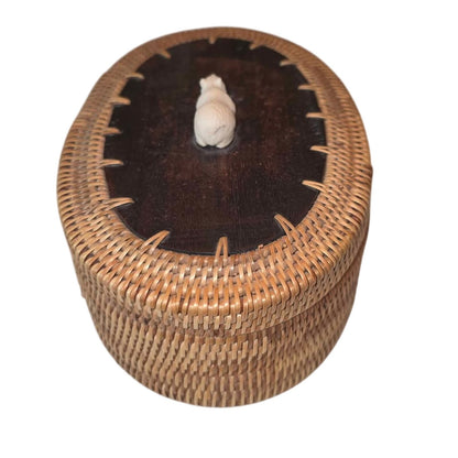Vintage Handwoven Basket with Leather Lid & Carved Bear Detail