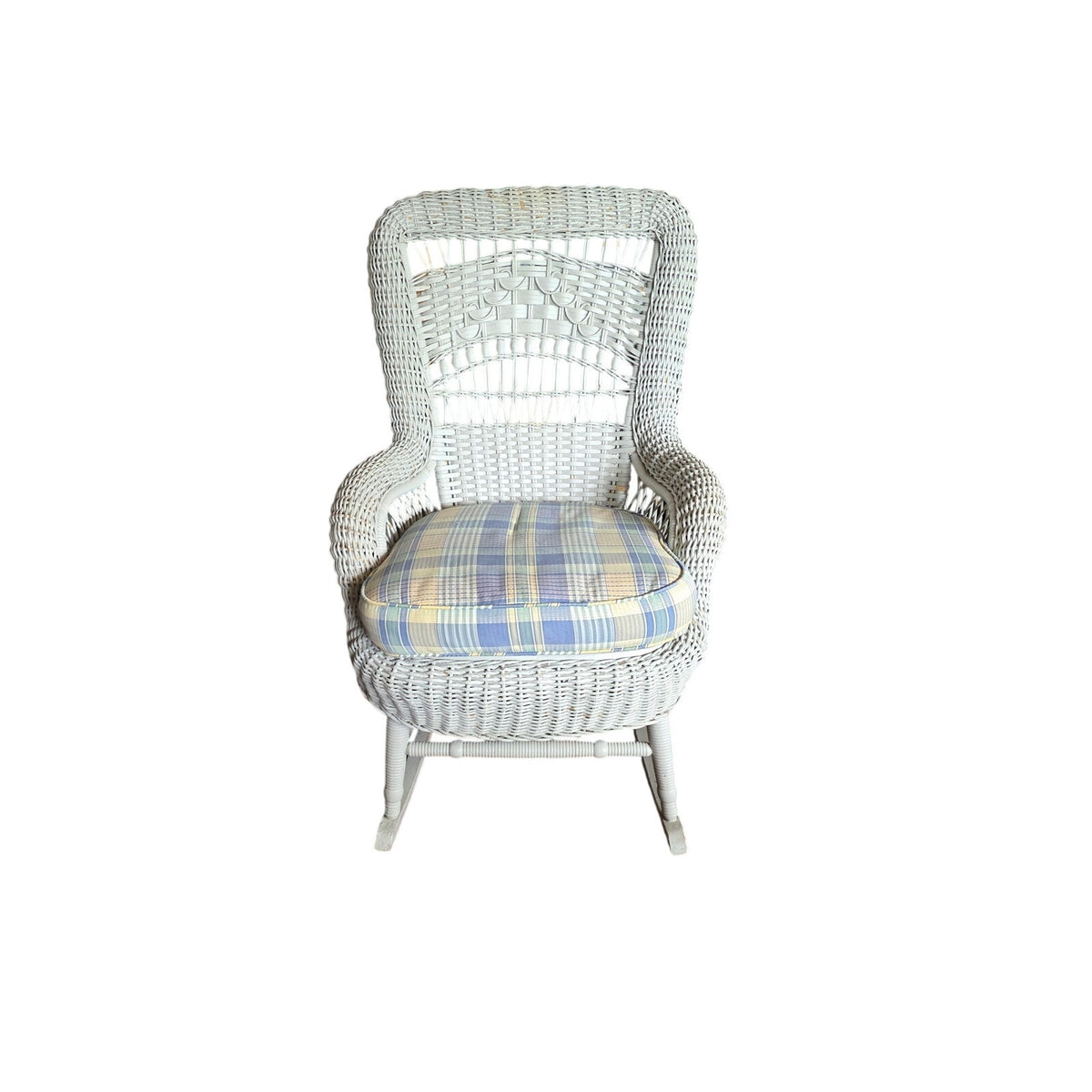 Vintage White Rattan Rocking Chair with Plaid Cushion