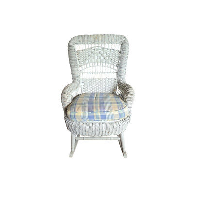 Vintage White Rattan Rocking Chair with Plaid Cushion