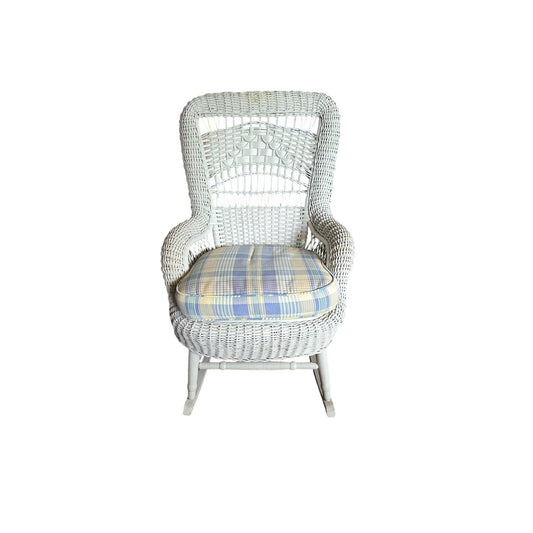 Vintage White Rattan Rocking Chair with Plaid Cushion