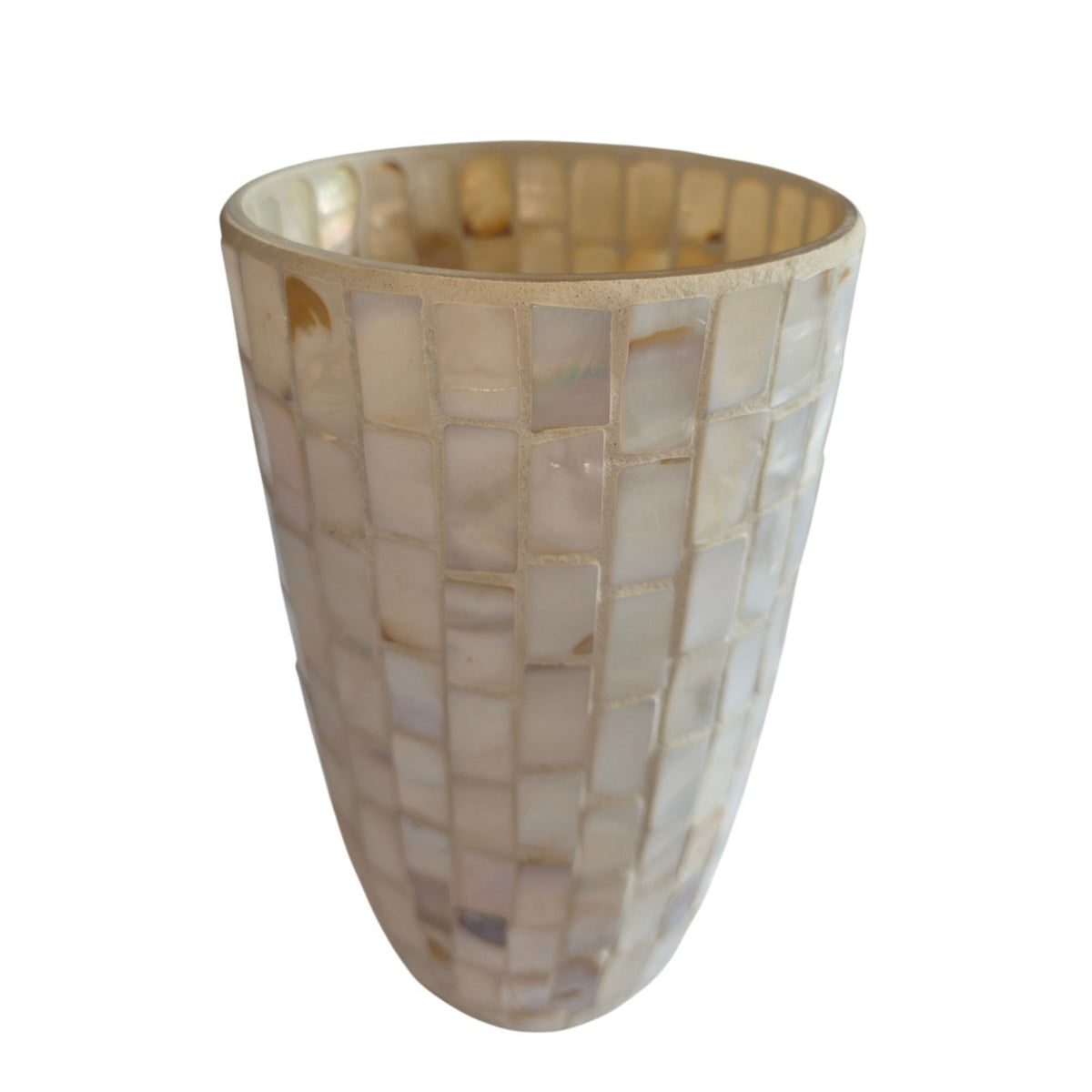 Vintage Mother of Pearl Mosaic Overlay Glass Vase | 5" x 8" Tall | White Iridescent Accent