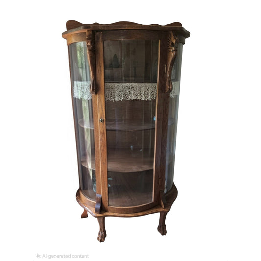 Antique Oak Curio Cabinet | Carved Lion's Head & Claw Feet | Curved Glass | 34.5" x 61.5"