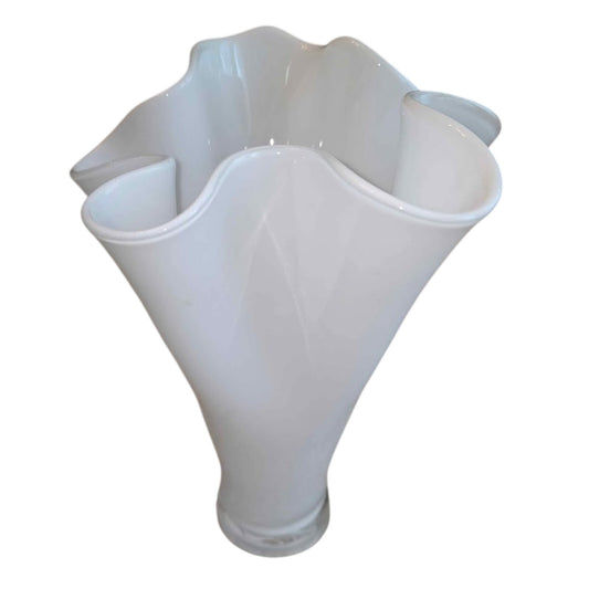 Orrefors-Style Handkerchief Ruffle Rim White Vase | 12.5" Scandinavian