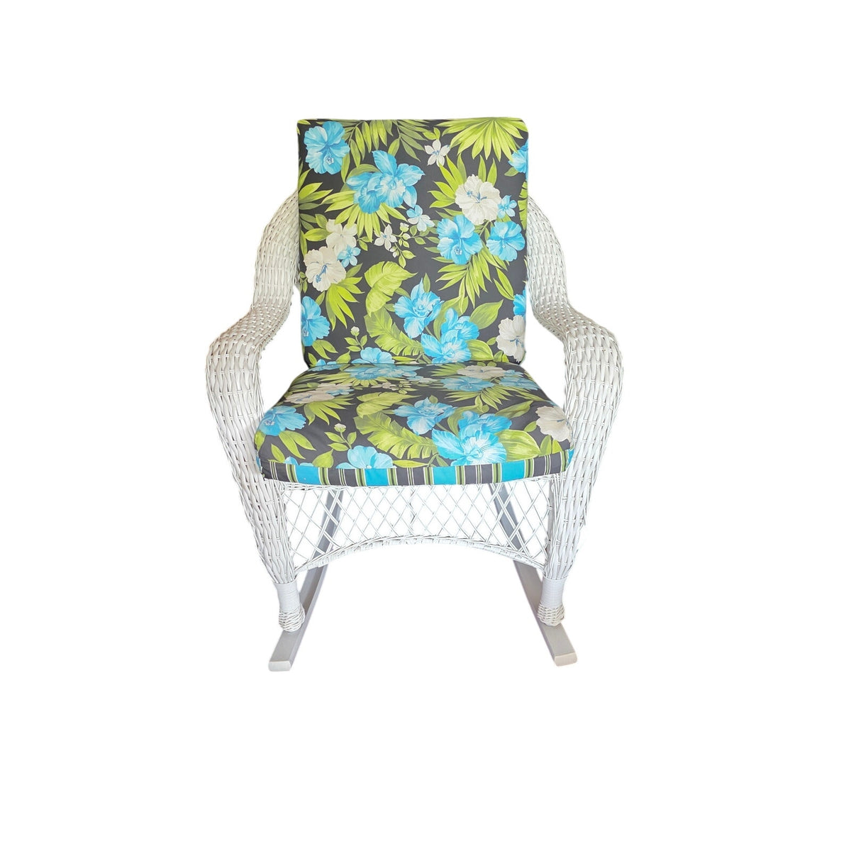 Vintage White Rattan Rocking Chair with Black Floral Cushion