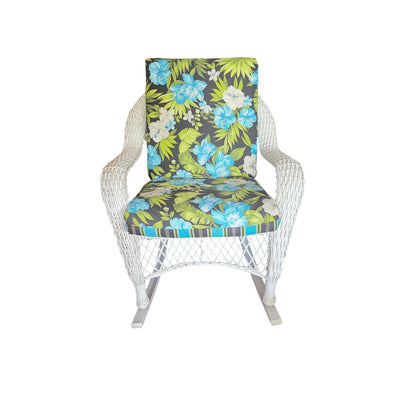 Vintage White Rattan Rocking Chair with Black Floral Cushion